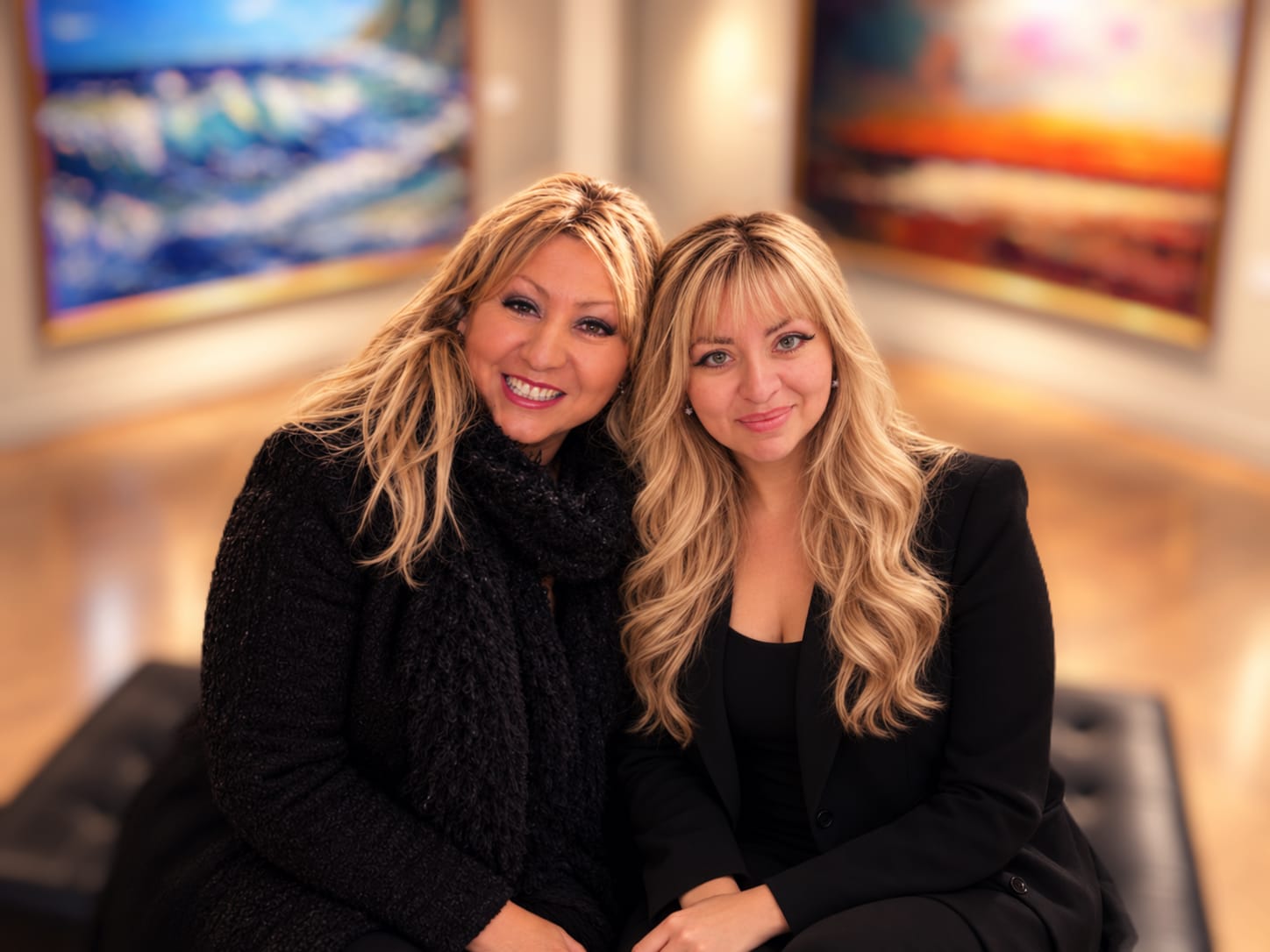 Tamara de las Tormentas junto a su hija Tamara Monzoncillo en una sala con sus pinturas