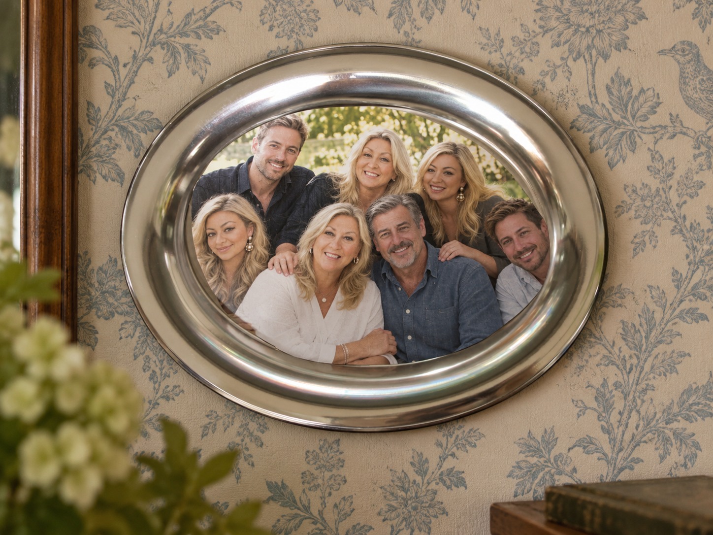 Retrato de la familia de Tamara en un marco ovalado plateado